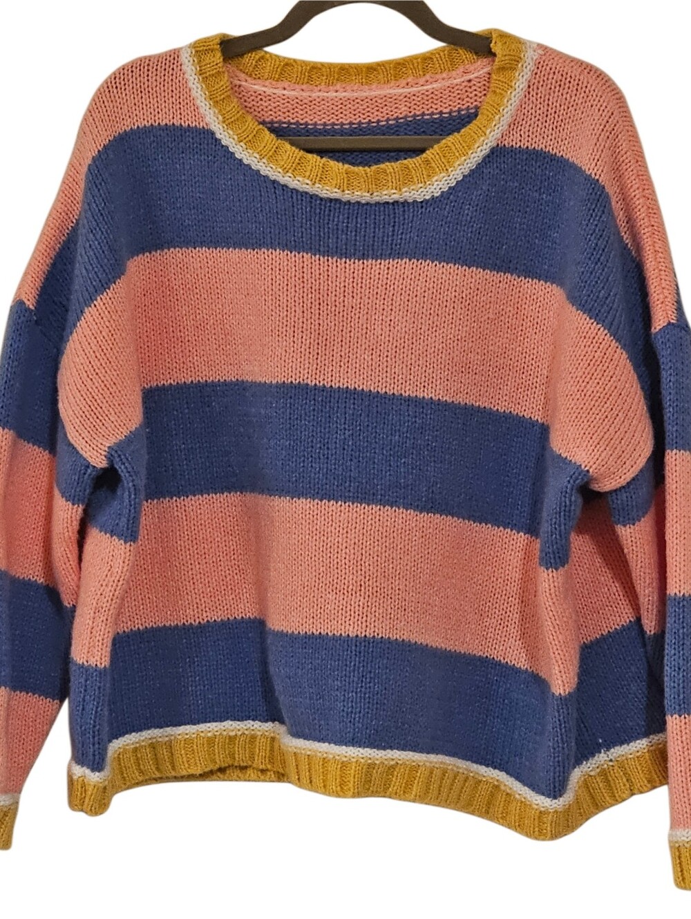 Color Block Chunky Striped Knit Oversized Sweater Pink Blue Yellow Pastel MED